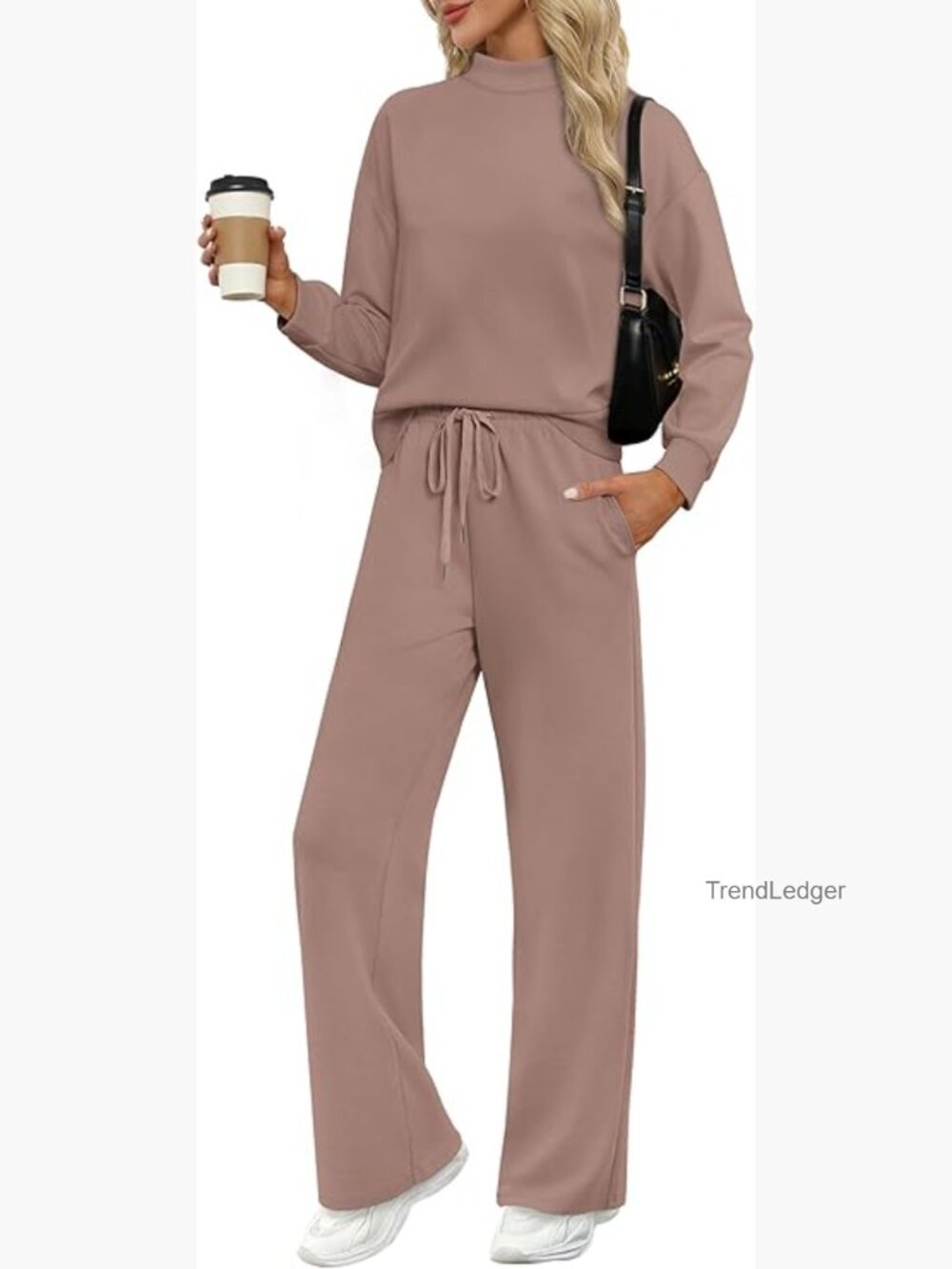 Women's Mock Neck Tracksuit Set with Wide Leg Pants, Lightweight Stretch Fabric